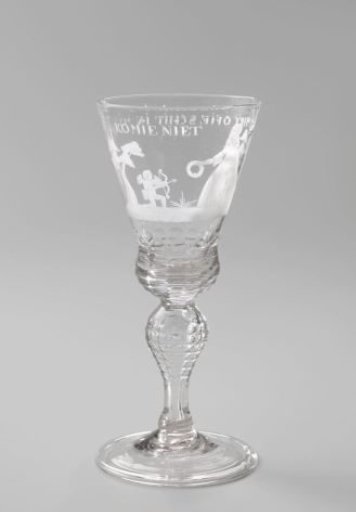 Wine glass with a cupid aiming at a woman with a wreath