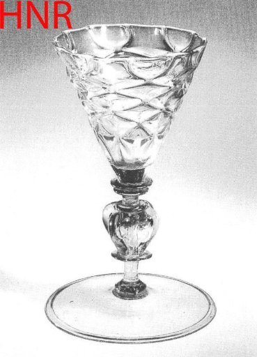 Chalice glass with a funnel-shaped bowl, optically blown with pinched panes