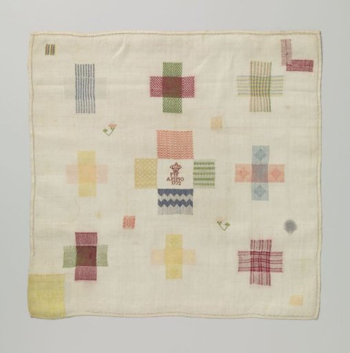 Linen sampler with multicoloured silk embroidery