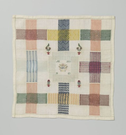 Linen sampler with multicoloured silk embroidery