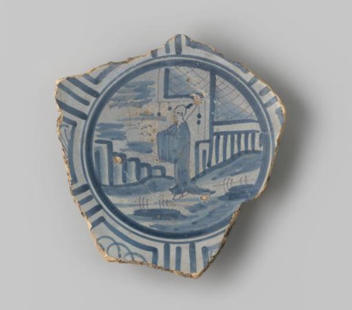 Plate fragment of white-fired earthenware, with footring, with a blue painting of an Asian-looking landscape with a person in a robe on the flat surface, surrounded by stripes and circles