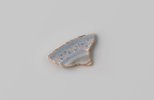 Sherd of reddish-firing earthenware, glazed grey, with a border in blue on the front