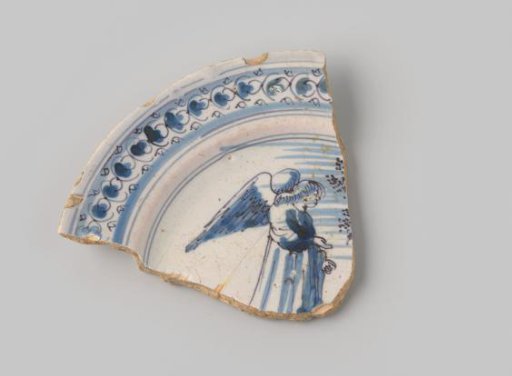 Fragment of yellow-firing earthenware with white glaze, decorated on the front with a border and a standing angel in blue