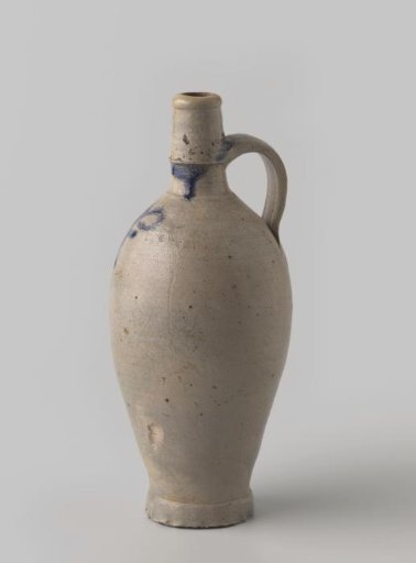 Narrow High Stoneware Jug with Handle, Coated with Colorless Glaze and Small Blue Decoration