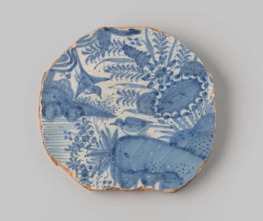 Fragment of Red-Fired Earthenware with a Ring Foot, Coated with White Glaze on Front and Back, Featuring a Scene of a Pond Surrounded by Flowers and Two Birds in Blue