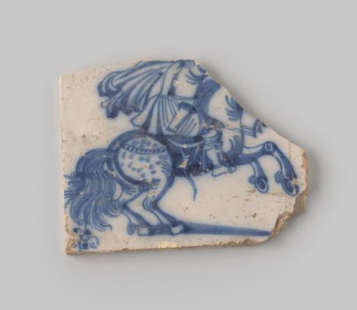 Fragment of a Tile of White-Fired Earthenware, Coated with White Glaze on the Front, Depicting Part of a Rider on a Rearing Horse in Blue