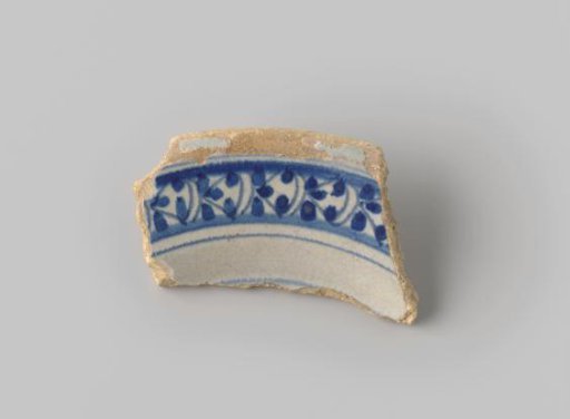 Fragment of White-Fired Earthenware, Coated with White Glaze with a Border of Stripes and Dots in Blue