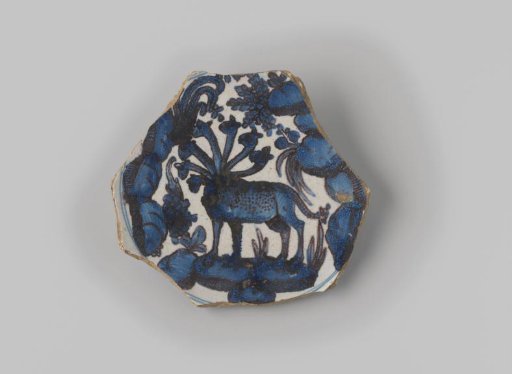 Fragment of White-Fired Earthenware with a Ring Foot, Coated with White Glaze, Featuring Rings and a Fish in Blue on the Back, and a Seven-Headed Creature in a Landscape on the Front