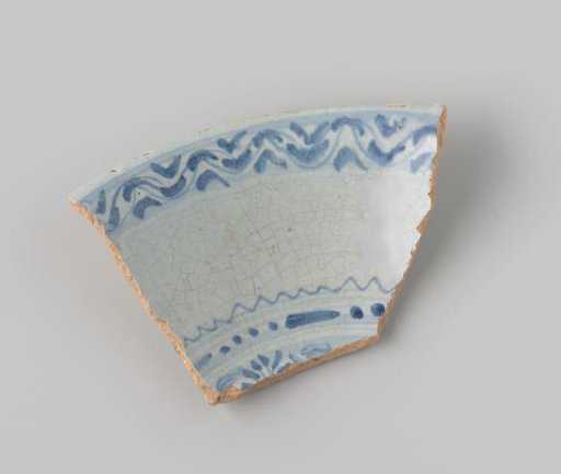 Fragment of Red-Fired Earthenware, Coated with Light Grey Glaze, with Lines and Dots in Blue