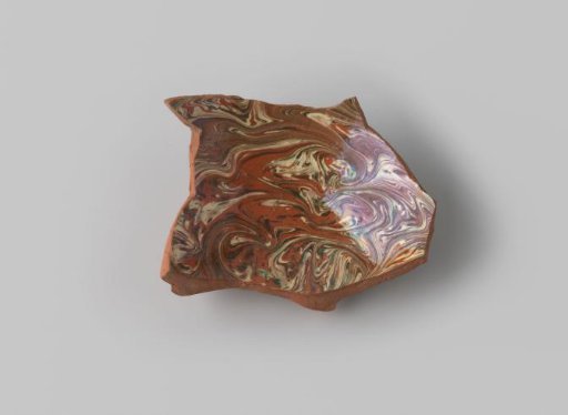 Fragment of Red-Fired Earthenware, Coated with Marbled Glaze in Brown, Beige, and Terra on the Inside and Outside