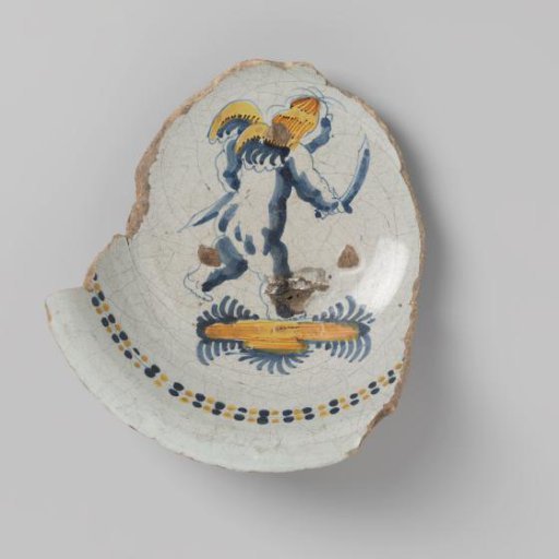 Fragment of earthenware, with a drawing of a putto and ornamental border in blue and yellow on a white ground on the inside; glazed green on the outside