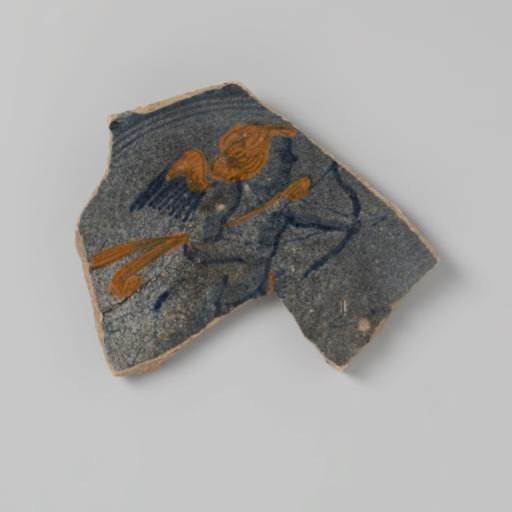 Fragment of a plate of earthenware, with a drawing of a putto in blue and yellow