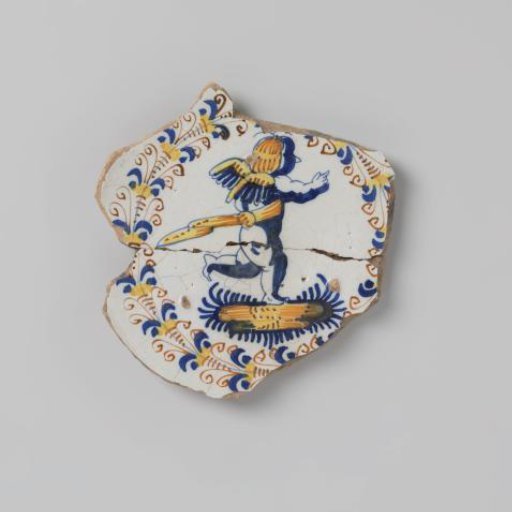 Sherd of earthenware with a polychrome drawing of a putto in a decorative border