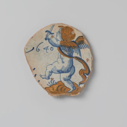 Pottery shard with polychrome drawing of a putto with a sword