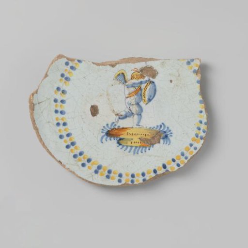 Pottery shard with polychrome drawing of a putto in an ornamental border