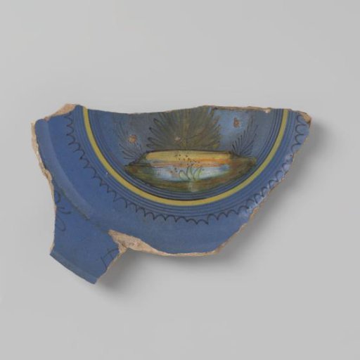 Sherd of earthenware with blue glaze, with a multicoloured drawing of plants