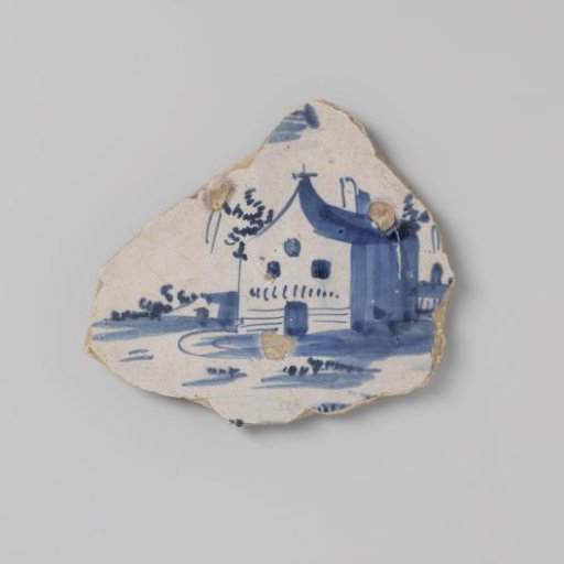 Sherd of earthenware with a drawing of a church, in underglaze blue