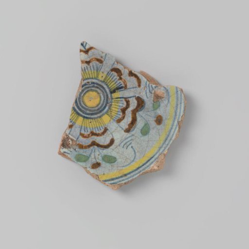 Sherd of earthenware with a multicolored drawing of a flower in a circle