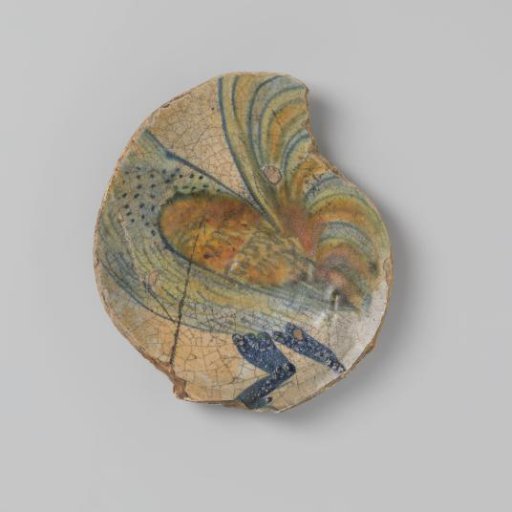 Sherd of earthenware with a multicolored drawing of the body of a rooster