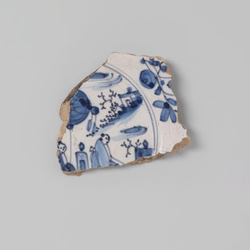 Sherd of earthenware with a drawing of a landscape with figures, in underglaze blue