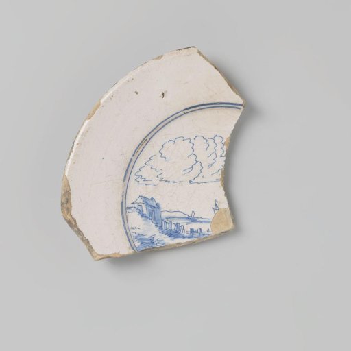 Sherd of earthenware with a drawing of a coastal landscape with a cloudy sky, in underglaze blue