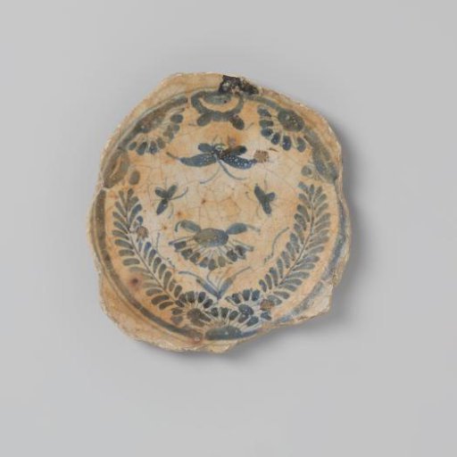 Sherd of Earthenware with a Drawing of Birds, Flowers, and Insects in Blue Underglaze