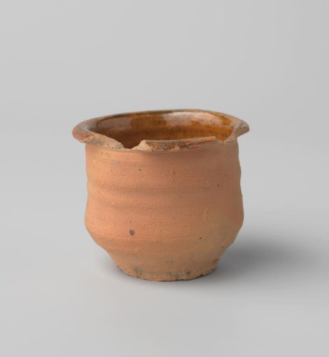 Small pot of red-firing earthenware, lined with lead glaze inside, rim damaged