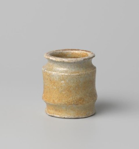 White salve pot of earthenware, glazed with colorless lead glaze on the inside and outside, damaged