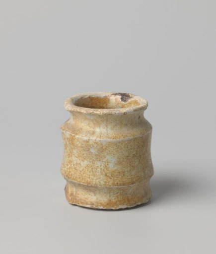 White salve pot of earthenware, glazed with colorless lead glaze on the inside and outside, damaged