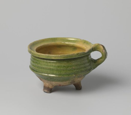Pot of White-Firing Clay, Glazed Inside with Yellow Glaze and Outside with Green Glaze, Damaged