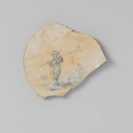 Plate shard of earthenware, glazed white on the top and bottom sides, with a blue depiction of a man with a staff in a landscape on the top side, damaged