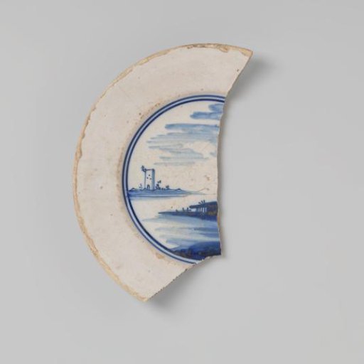 Plate shard of earthenware, glazed white on the top and bottom sides, with a blue landscape design on the top side, damaged