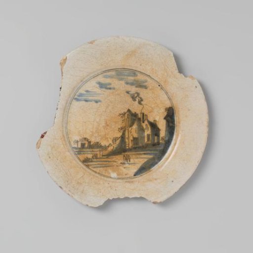 Plate of earthenware, glazed on the top and bottom sides, with a blue landscape of houses on the top side, damaged
