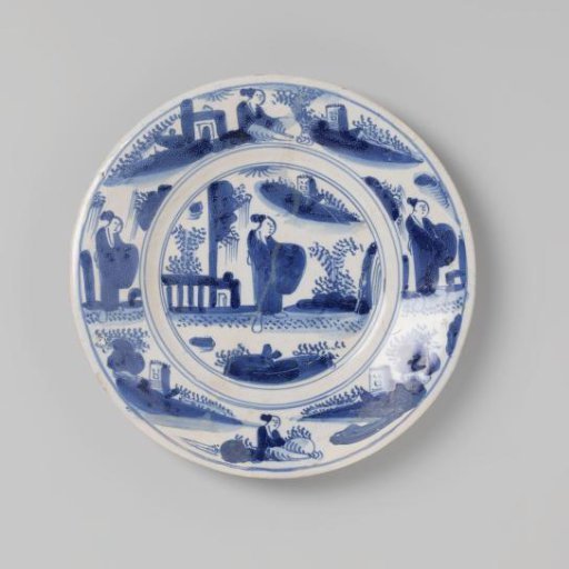Plate of earthenware, glazed on the top and bottom sides, with a blue depiction of figures in a landscape on the top side, damaged