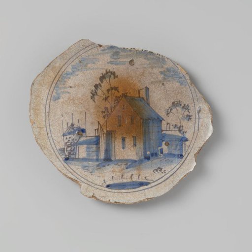 Plate shard of earthenware, lead-glazed on the bottom side and white-glazed on the top side, with a blue depiction of a farmhouse in a landscape, damaged