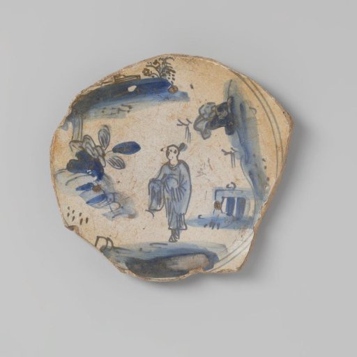 Sherd of earthenware, with lead glaze on the underside and white tin glaze on the upper side, depicting a person in a kimono in a landscape in blue, damaged
