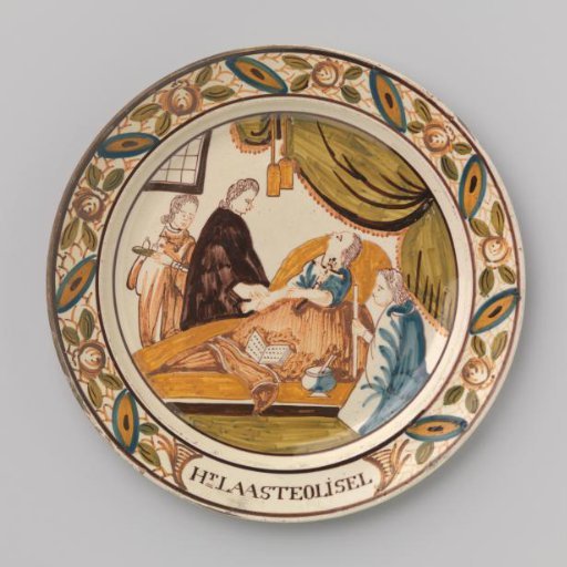 Plaque of cream-colored stoneware with a representation of a dying person