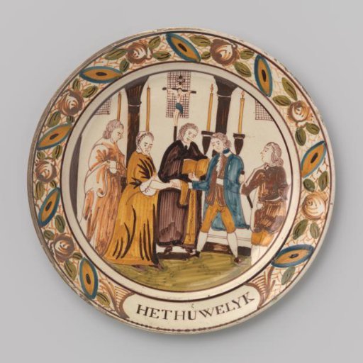 Plaque of cream-colored stoneware with a representation of a wedding
