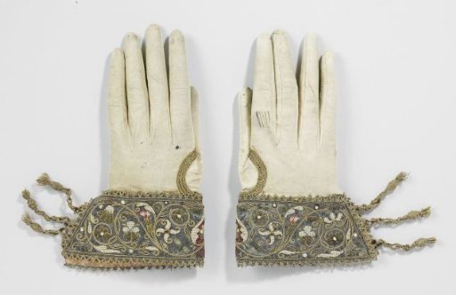 Wedding glove of wash leather with detachable cuffs of blue/grey satin decorated with embroidery in multicolored silk, silver thread, freshwater pearls, rubies (?) and silver sequins