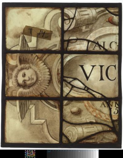 Window with the coat of arms of Alkmaar and inscription "Alkmaria Victrix 1573"