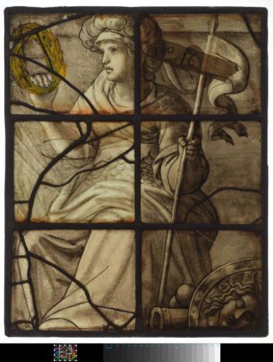 Window with the coat of arms of Alkmaar and inscription "Alkmaria Victrix 1573"