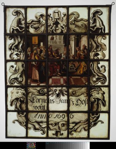 Lozenge with representation of "Penningske der Weduwe" with inscription "Cornelis Jansz. Oostwout Anno 1696" in a strapwork frame