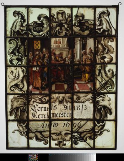 Pane with depiction and inscription "Cornelis Dircksz. Kerckmeester, Anno 1696" in a strapwork frame