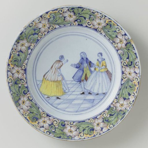 Plate painted with three figures in a room