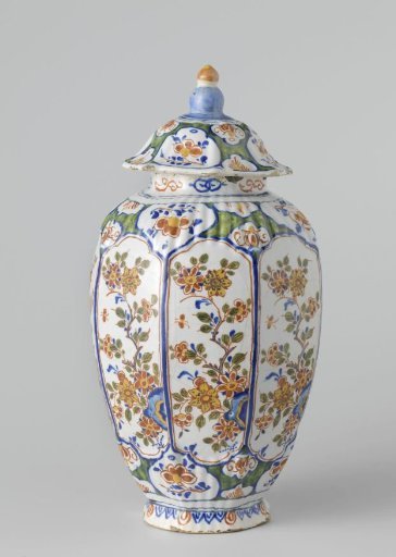 Lidded pot, round with octagonal sides, polychrome painted with floral and leafy scrolls in cartouches