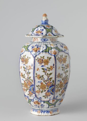 Lid, octagonal vaulted, with a knob; polychrome decorated with flower branches within cartouches