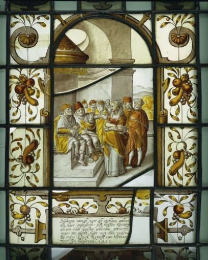Pane with Susanna Before the Judges with inscription
