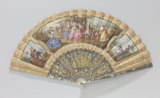 Folding fan with a leaf of painted silk and edged with lace, featuring three cartouches with various scenes relating to viticulture, on a mother-of-pearl handle with a gilded image
