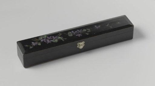 Long wooden box with lid, black lacquered, painted on top with purple flowers; hinges and metal clasp on the side