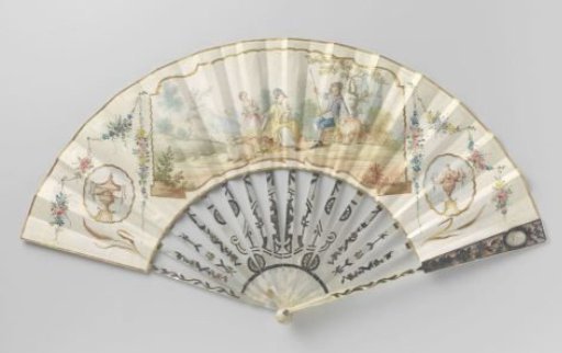 Folding fan with leaf of thin leather, on which a pastoral scene is painted in watercolour, on a mount of mother-of-pearl pierced and carved in relief with 'métal en quatre couleurs'